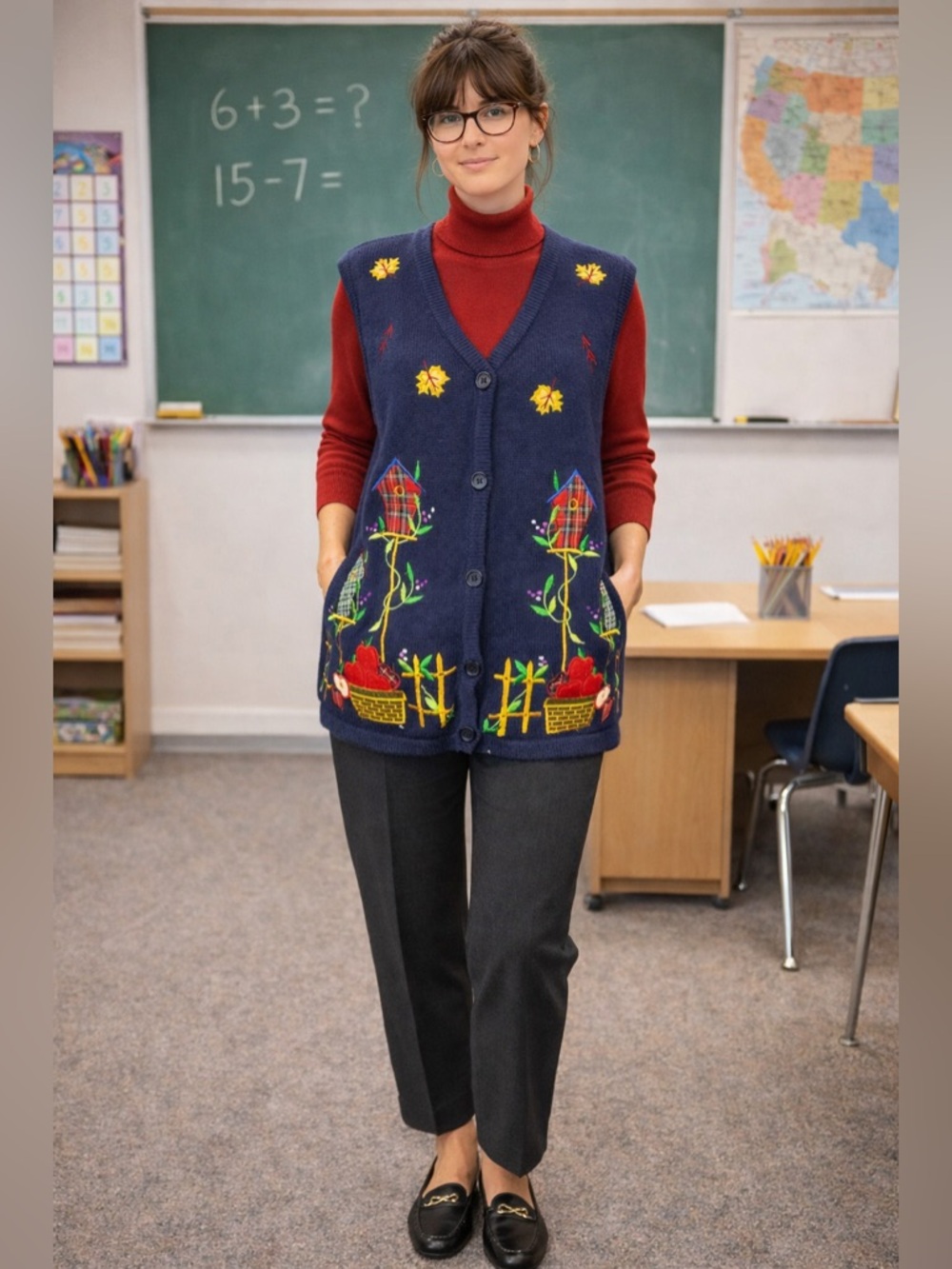 Basic‎ edition fall Colorful Embroidered Button-Up Vest xl